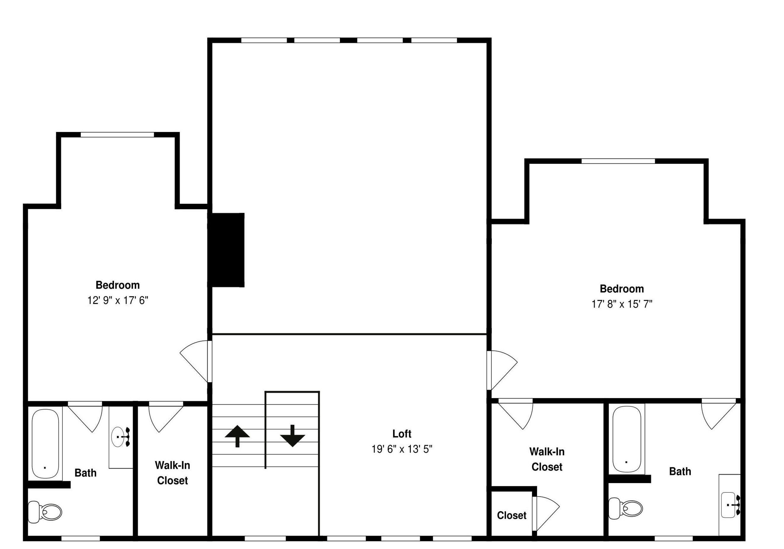 A floor plan of a hotel room with two bedrooms, a loft, a walk-in closet, and a bathroom.