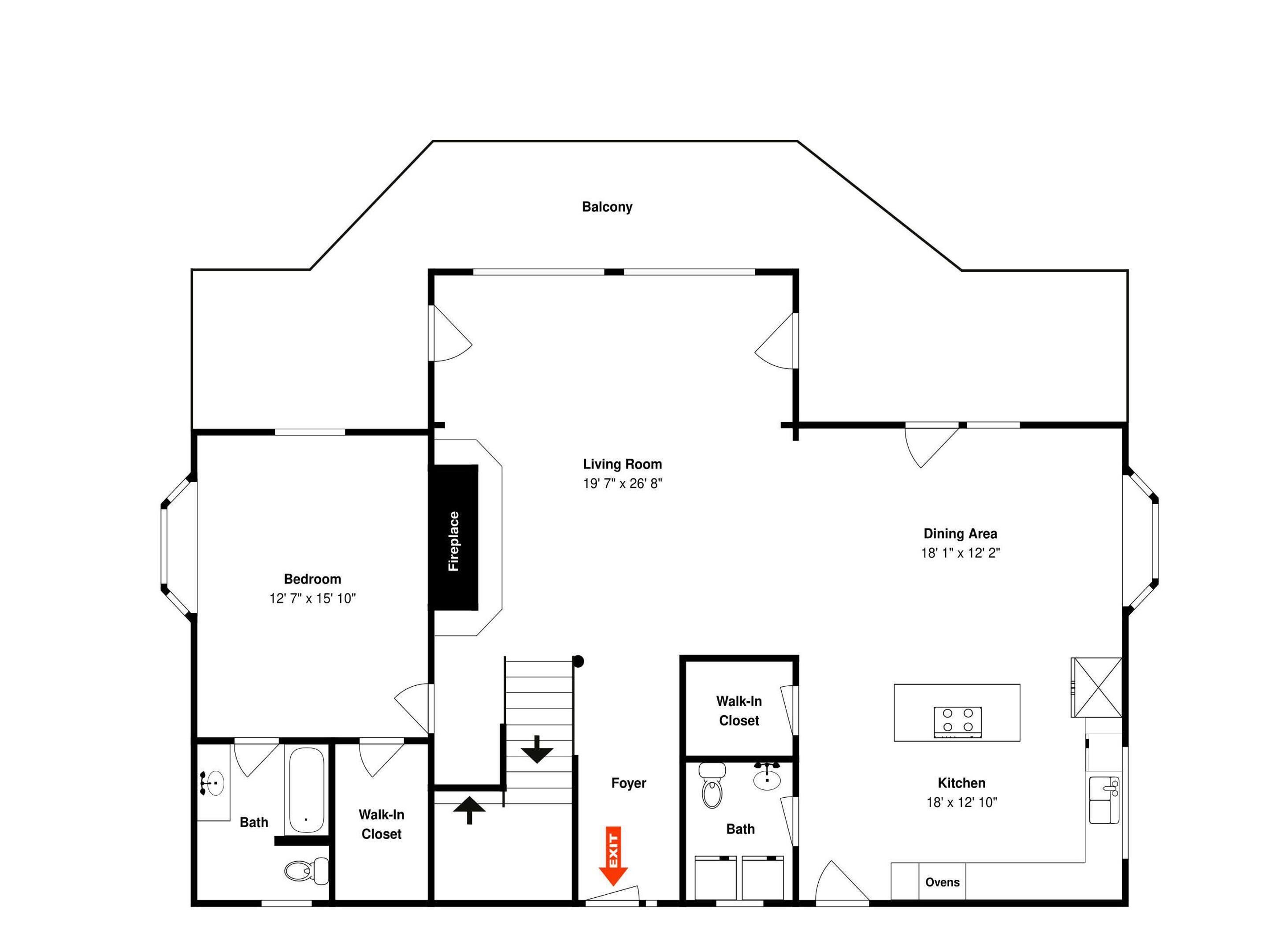 Plano de una casa que incluye sala de estar, comedor, cocina, habitaciones y un balcón.