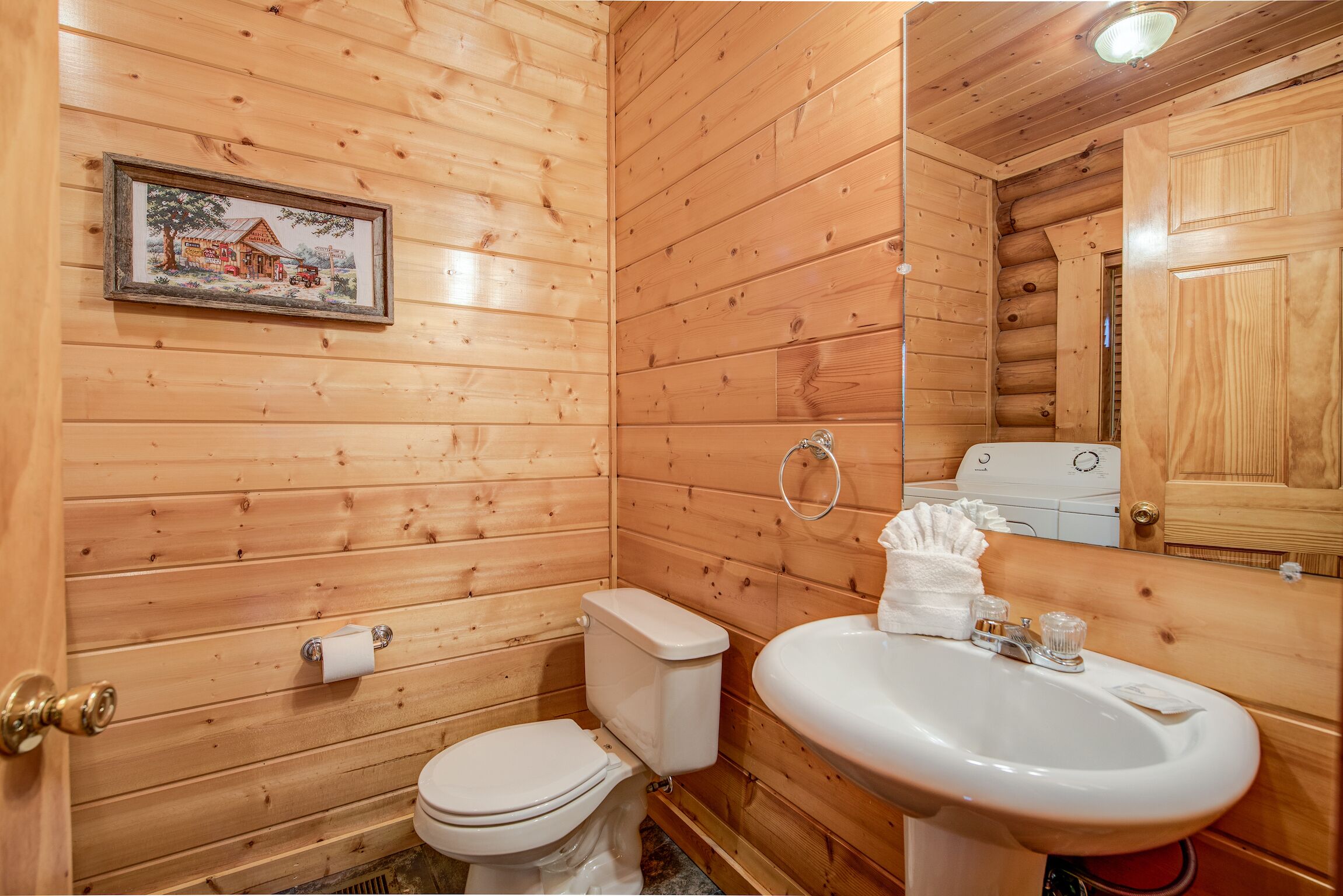 Et badeværelse i en træhytte med toilet, håndvask og et billede i ramme på væggen.
