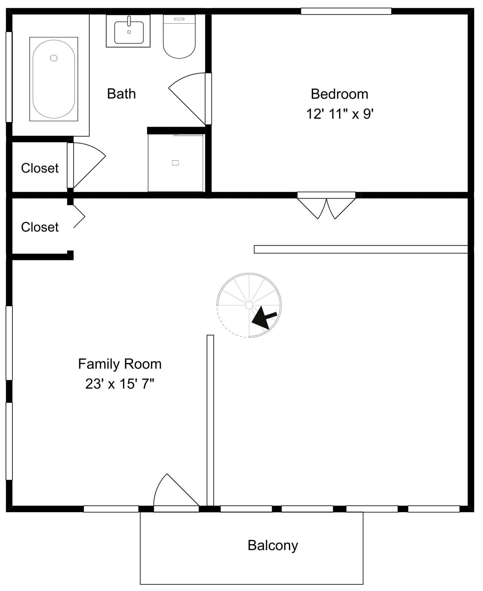 A floor plan with a bedroom measuring 12' 11' x 9', a family room measuring 23' x 15' 7', and a balcony.