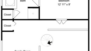 A floor plan with a bedroom measuring 12' 11' x 9', a family room measuring 23' x 15' 7', and a balcony. - Dreams & Streams by Jackson Mountain Rentals (Gatlinburg)