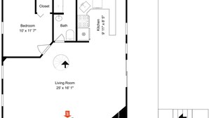 A floor plan with a bedroom, bathroom, kitchen, living room, and deck. - Dreams & Streams by Jackson Mountain Rentals (Gatlinburg)