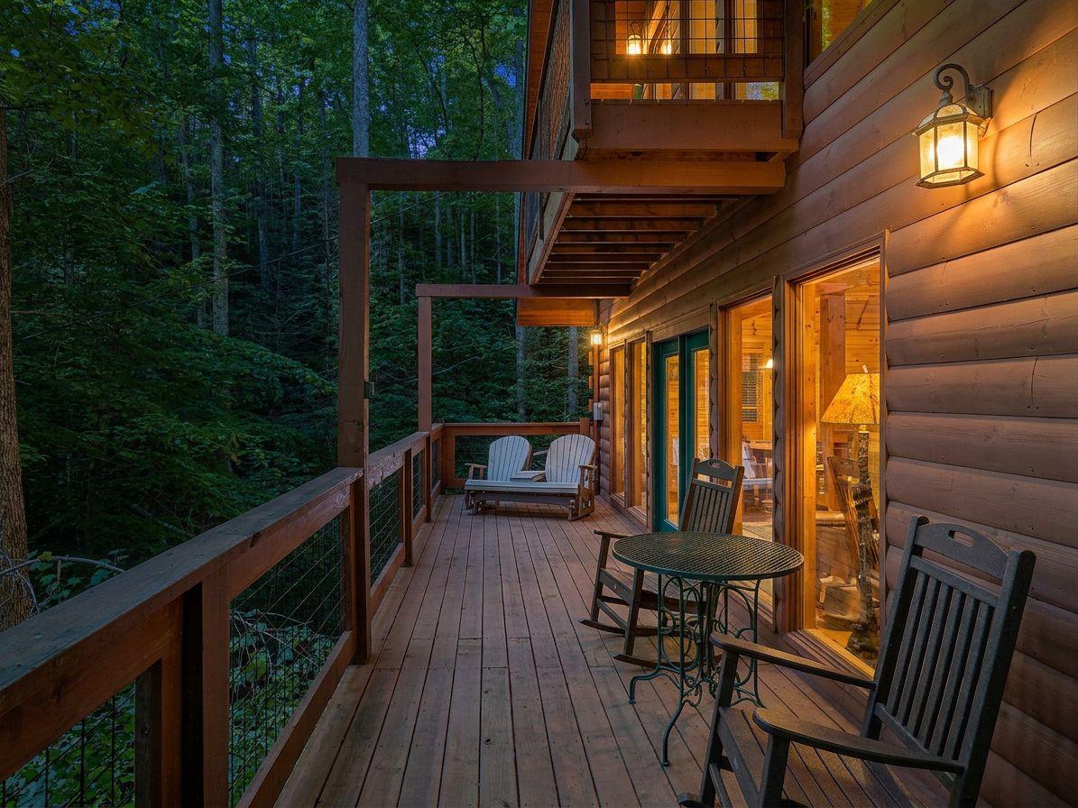 Een houten terras met buitenmeubilair, omringd door een bos.