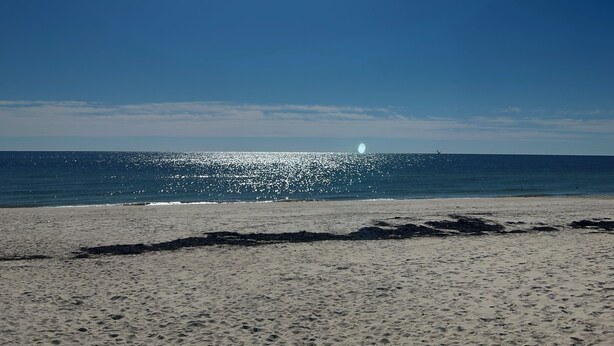 Een strand met een heldere lucht en zonlicht dat op het water glinstert.
