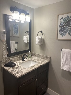 Bathroom features a granite countertop sink, dark vanity, and large mirror.