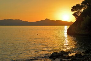 A sunset over a calm sea with a silhouette of a mountain range and a bird flying. - Agistri Hotel (Agistri)