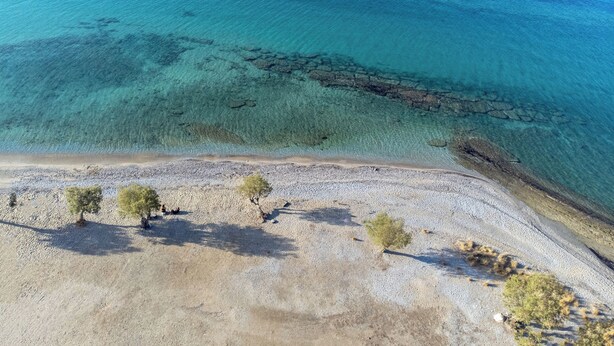 An aerial view of a beach with clear turquoise water, a rocky shoreline, and sparse vegetation. - Agistri Hotel (Agistri)