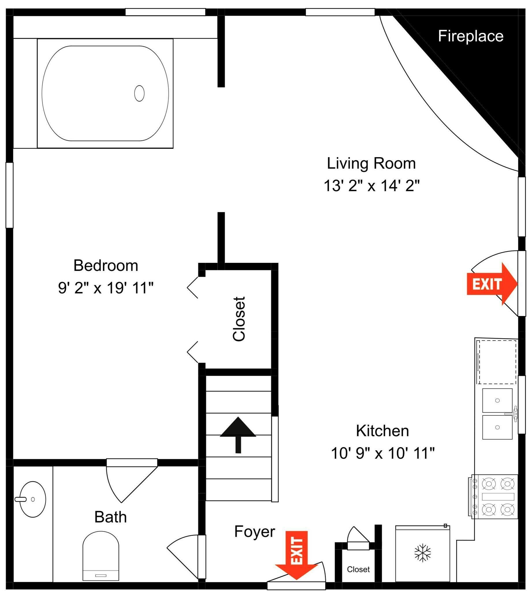 A floor plan with a living room, bedroom, bathroom, foyer, kitchen, and a fireplace.