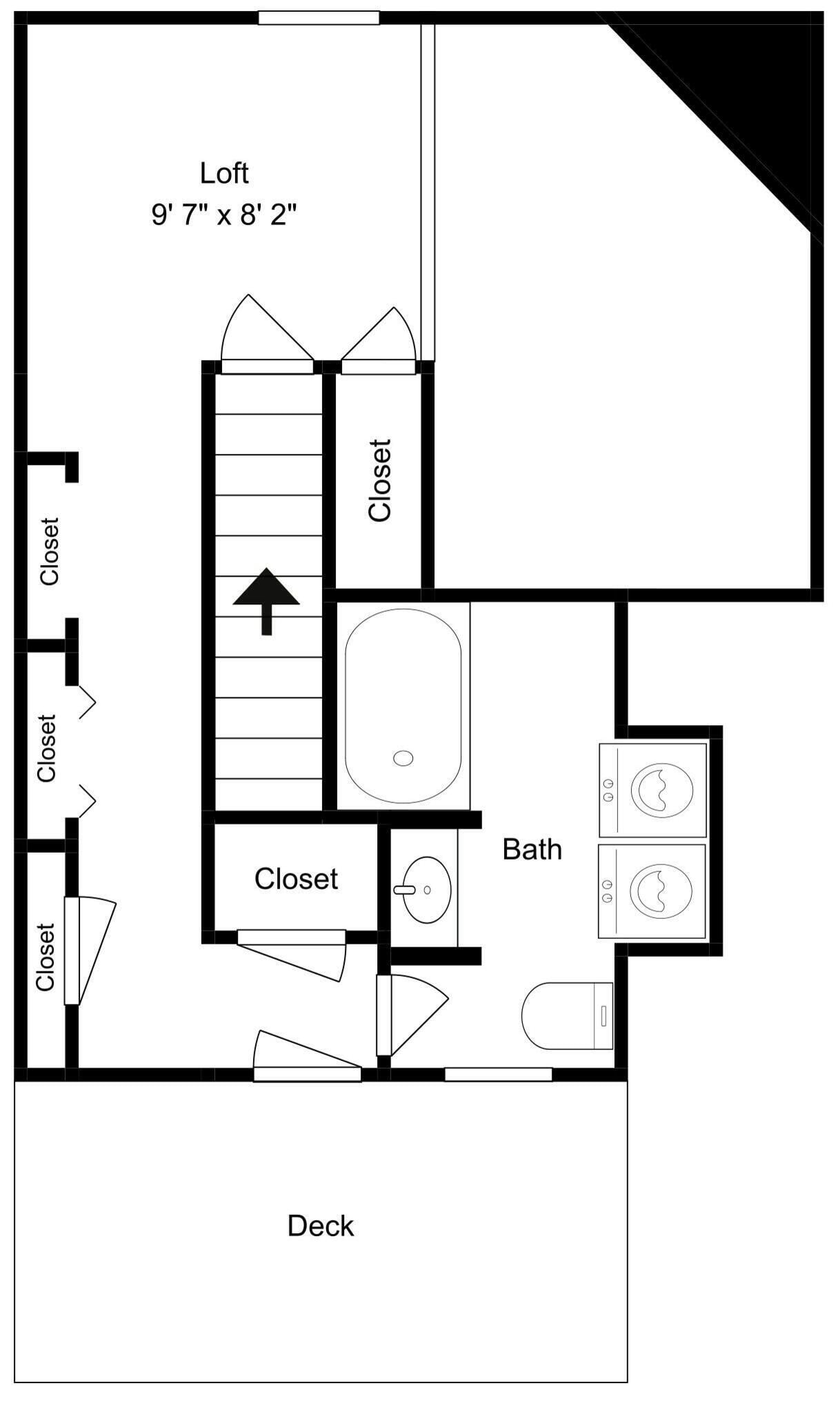 A floor plan with a loft measuring 9'7' x 8'2', a deck, and multiple closets.