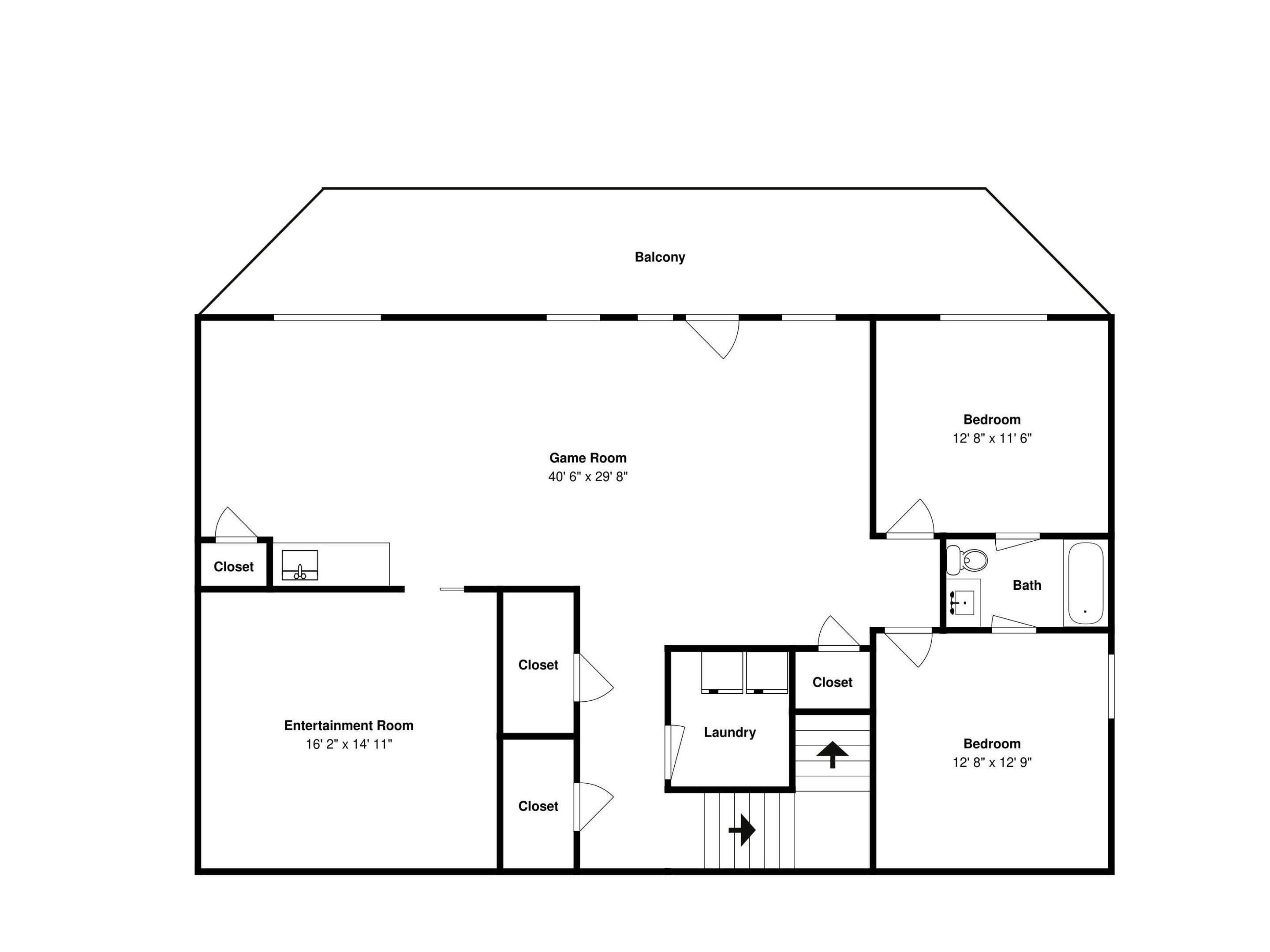 A floor plan of a house with a game room, two bedrooms, a bathroom, a laundry area, and an entertainment room.