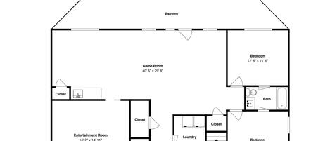 A floor plan of a house with a game room, two bedrooms, a bathroom, a laundry area, and an entertainment room.