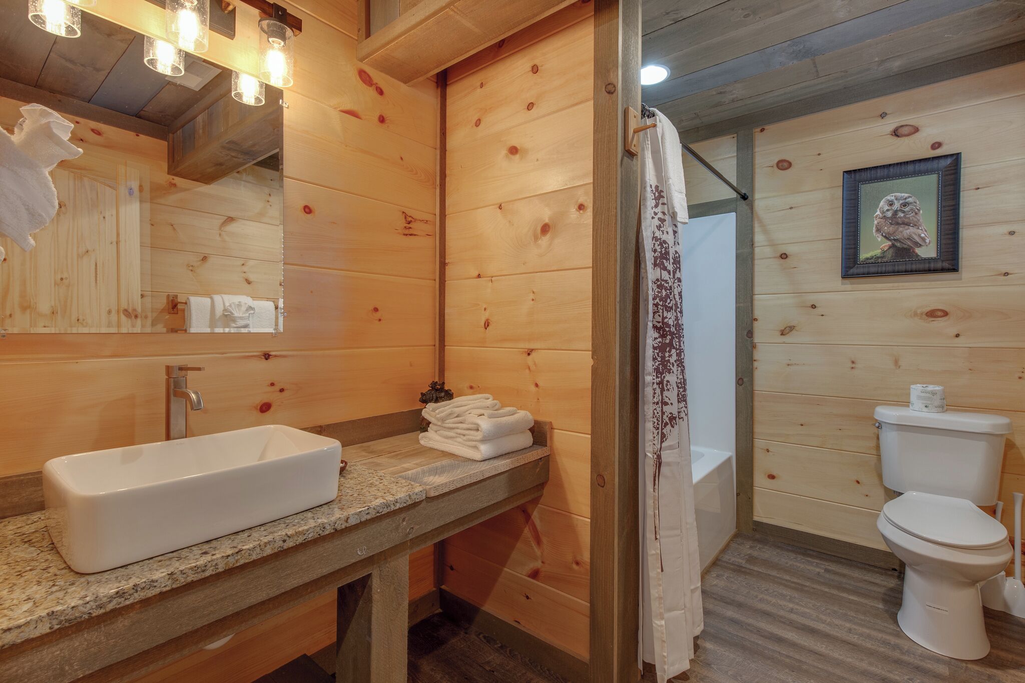 A wooden cabin bathroom with a granite countertop sink, a white toilet, and a framed owl picture on the wall.