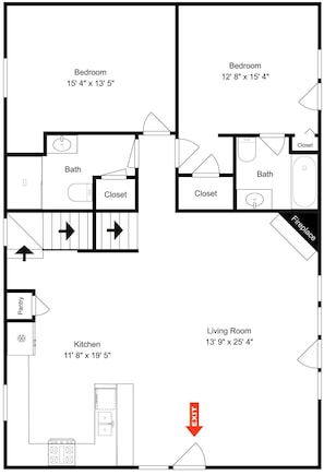 A floor plan with two bedrooms, a bathroom, a kitchen, a living room, and a pantry.