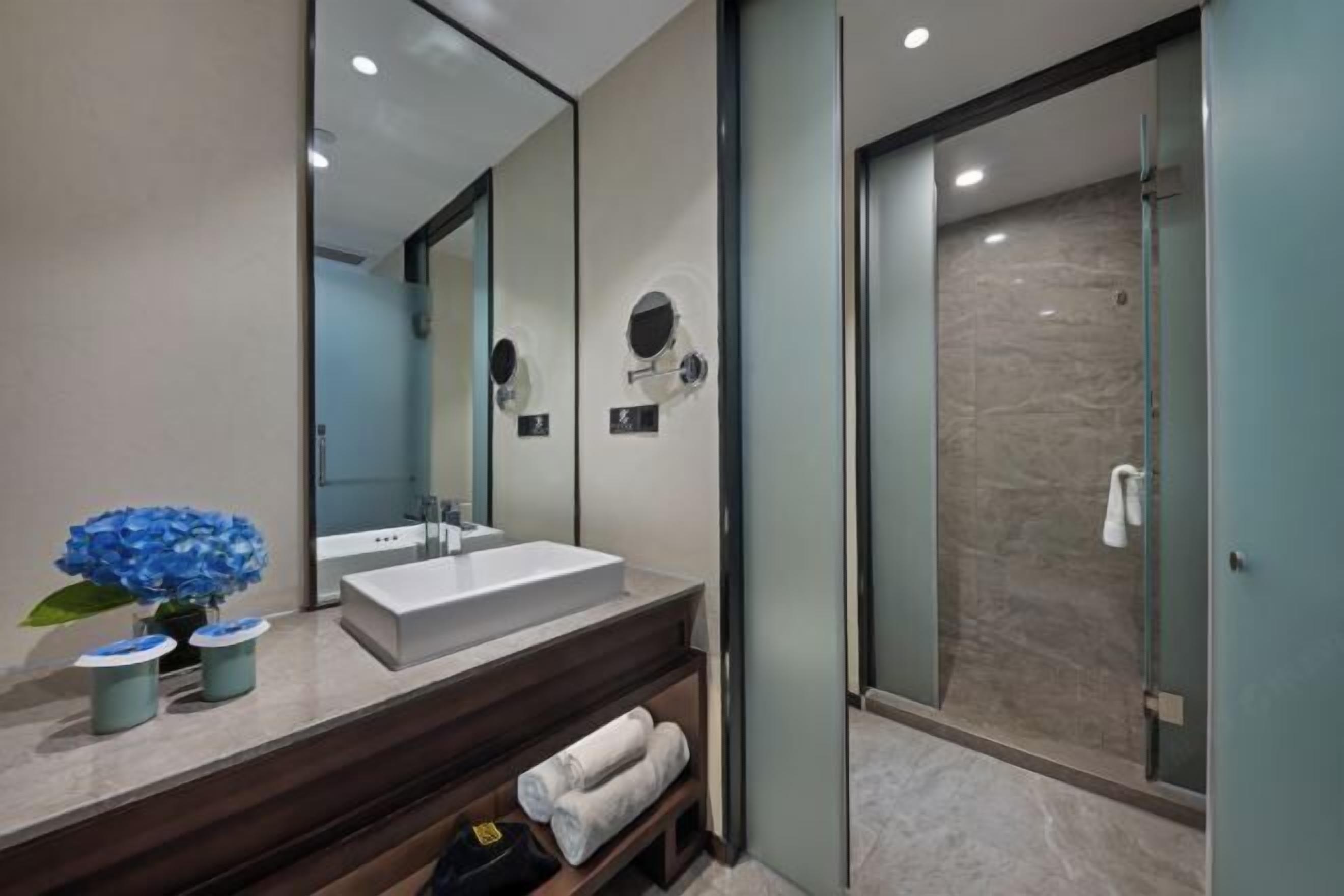 Une salle de bain moderne avec un grand miroir, un lavabo blanc et une douche à parois de verre.
