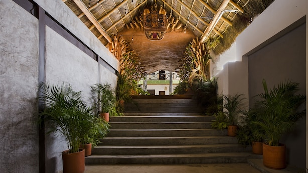 A staircase with potted plants on either side, leading to a covered area with a thatched roof. - Selina Sayulita (Sayulita)
