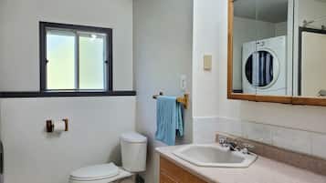 Hair dryer, towels, soap, shampoo