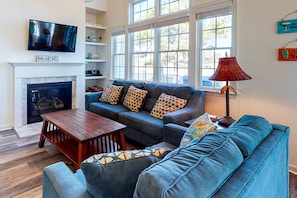 TV, fireplace, DVD player, video library