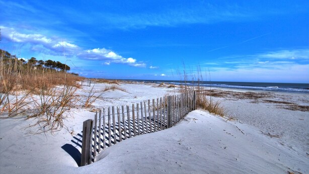A sandy beach with a wooden fence and sparse vegetation. - Panoramic Ocean Views! Breakers Condo Steps to Dining & Shops (Hilton Head Island)