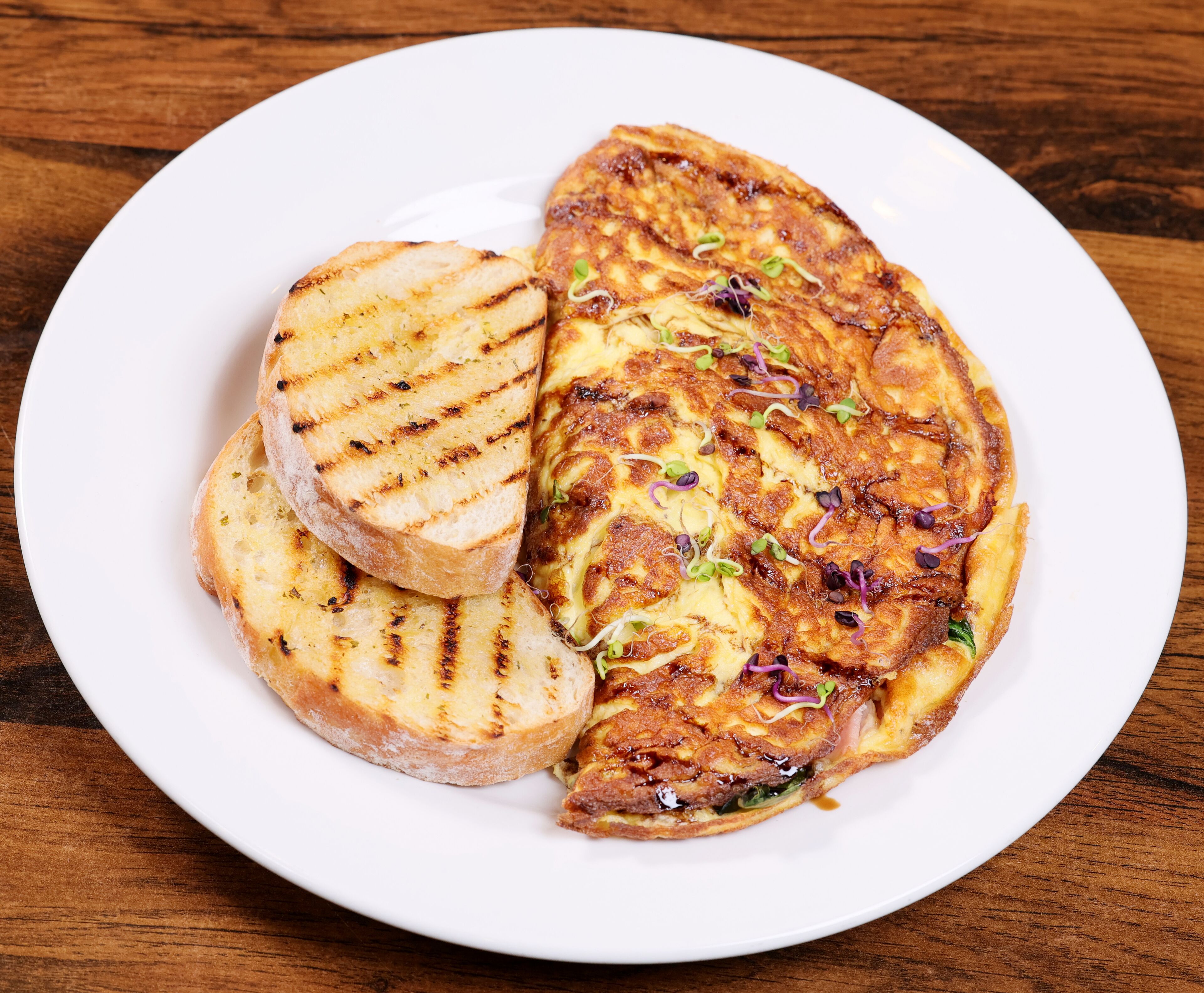 A plate with a grilled sandwich and a piece of grilled bread.