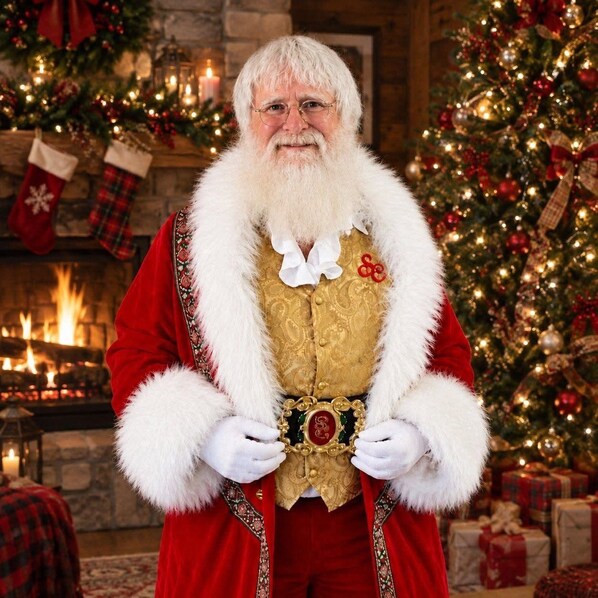 A person in a red and gold outfit with white fur trim, standing in front of a fireplace with a Christmas tree and stockings. - Million Dollar View. DECEMBER SPECIAL. Free visit from Santa ! (Wedowee)