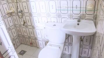 Une salle de bain comprenant des toilettes, un lavabo et une douche. Les murs sont recouverts de carreaux décoratifs.