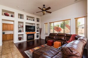 Smart TV, fireplace, video games, offices