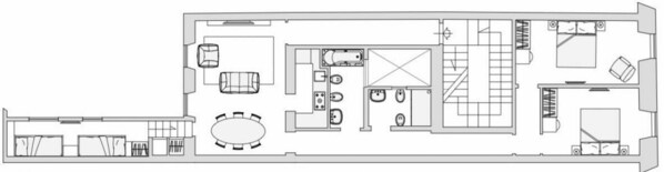 A floor plan of a hotel with a dining area, kitchen, and multiple bedrooms. - Luxury Blue Duomo in Florence by Mmega (Firenze)