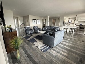 Smart TV, fireplace, books