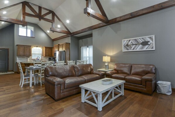 Télévision, cheminée, lecteur de DVD, baby-foot