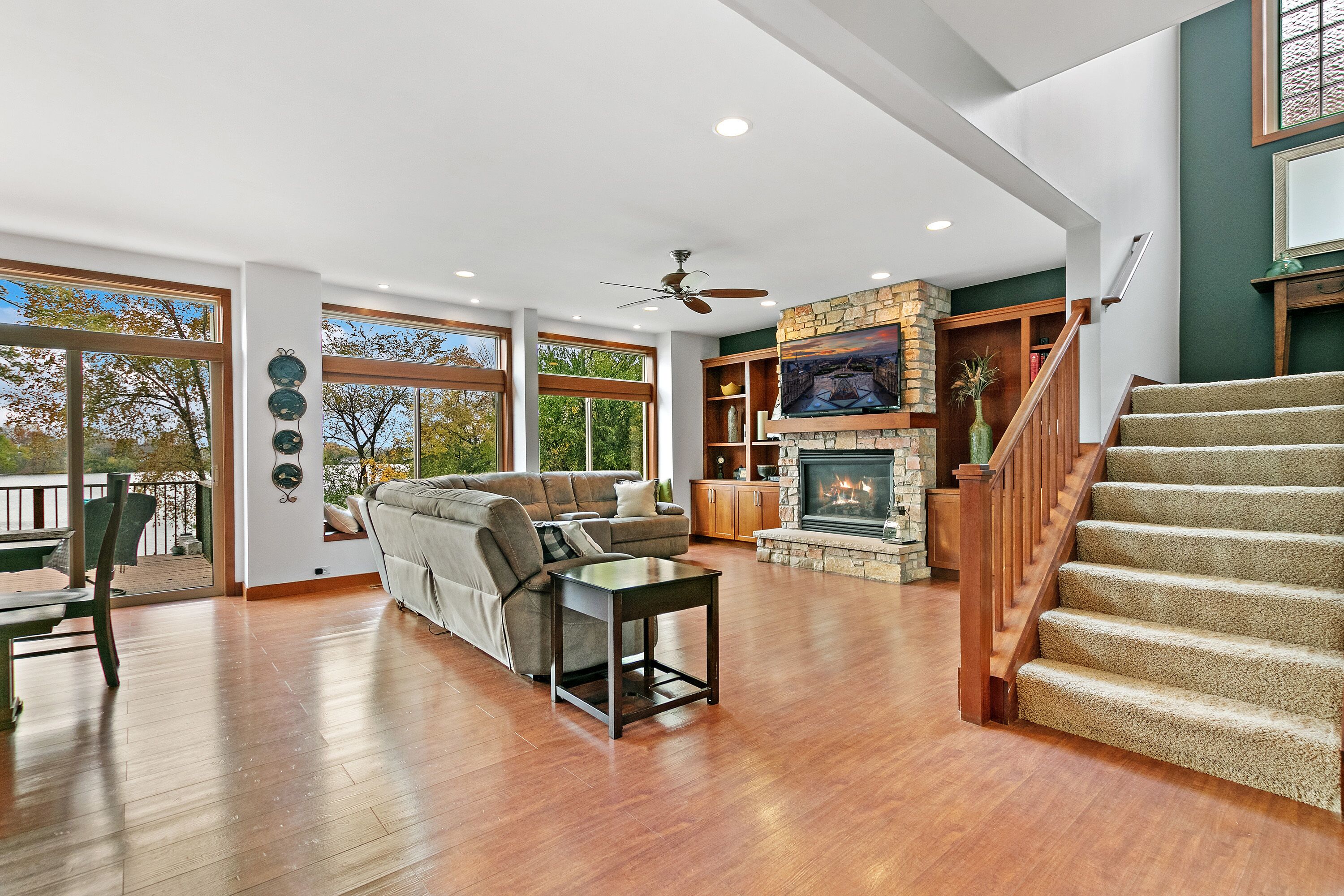 Smart TV, fireplace, DVD player, books