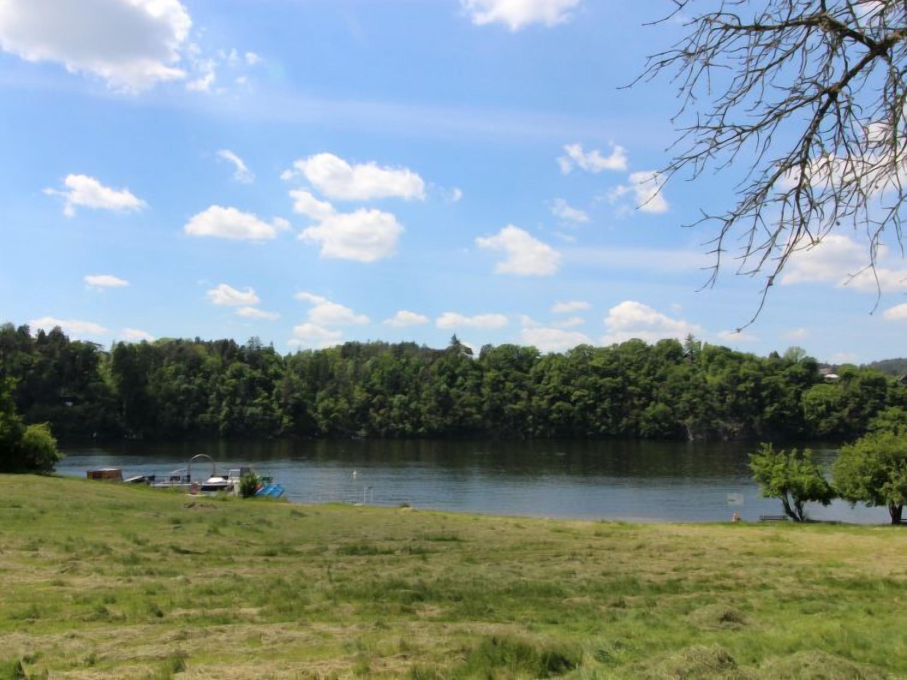 Vista para o lago com barcos atracados, um primeiro plano gramado e uma floresta densa ao fundo.