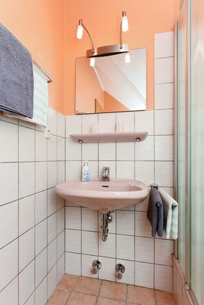 Shower, towels, soap, toilet paper