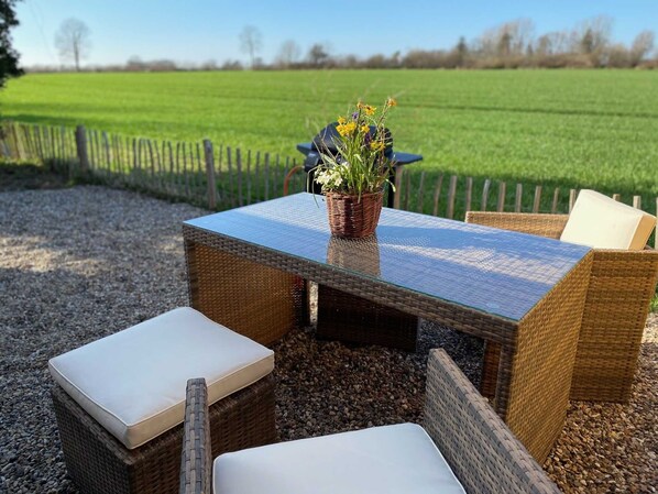 A wicker outdoor seating area with a glass-top table, cushions, and a potted plant.