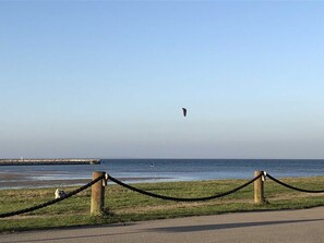 Vista costera con una barandilla de cuerda, un muelle a lo lejos y una cometa en el cielo.