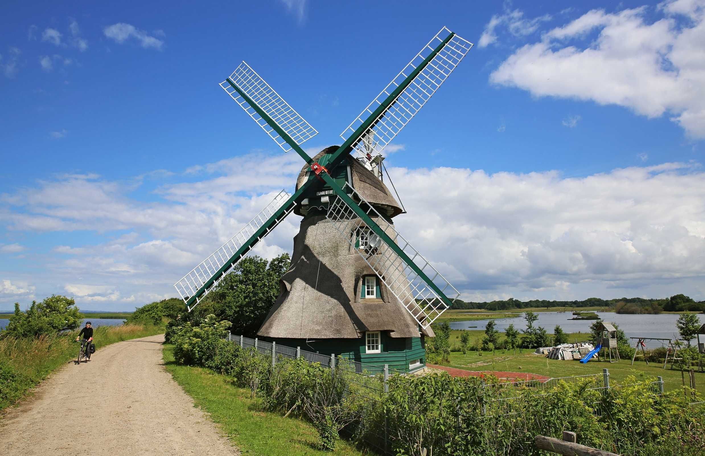 A traditional windmill with a thatched roof, a bicycle path leading to it, and a lake in the background.