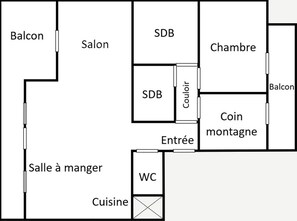 Plano de planta que muestra un balcón, salón, baño, habitación, rellano, aseo, comedor y cocina.