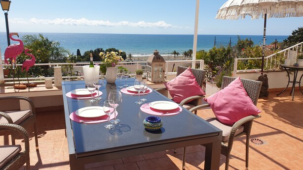 A table set for dining with a view of the sea, outdoor seating, and decorative elements like flamingos and plants.