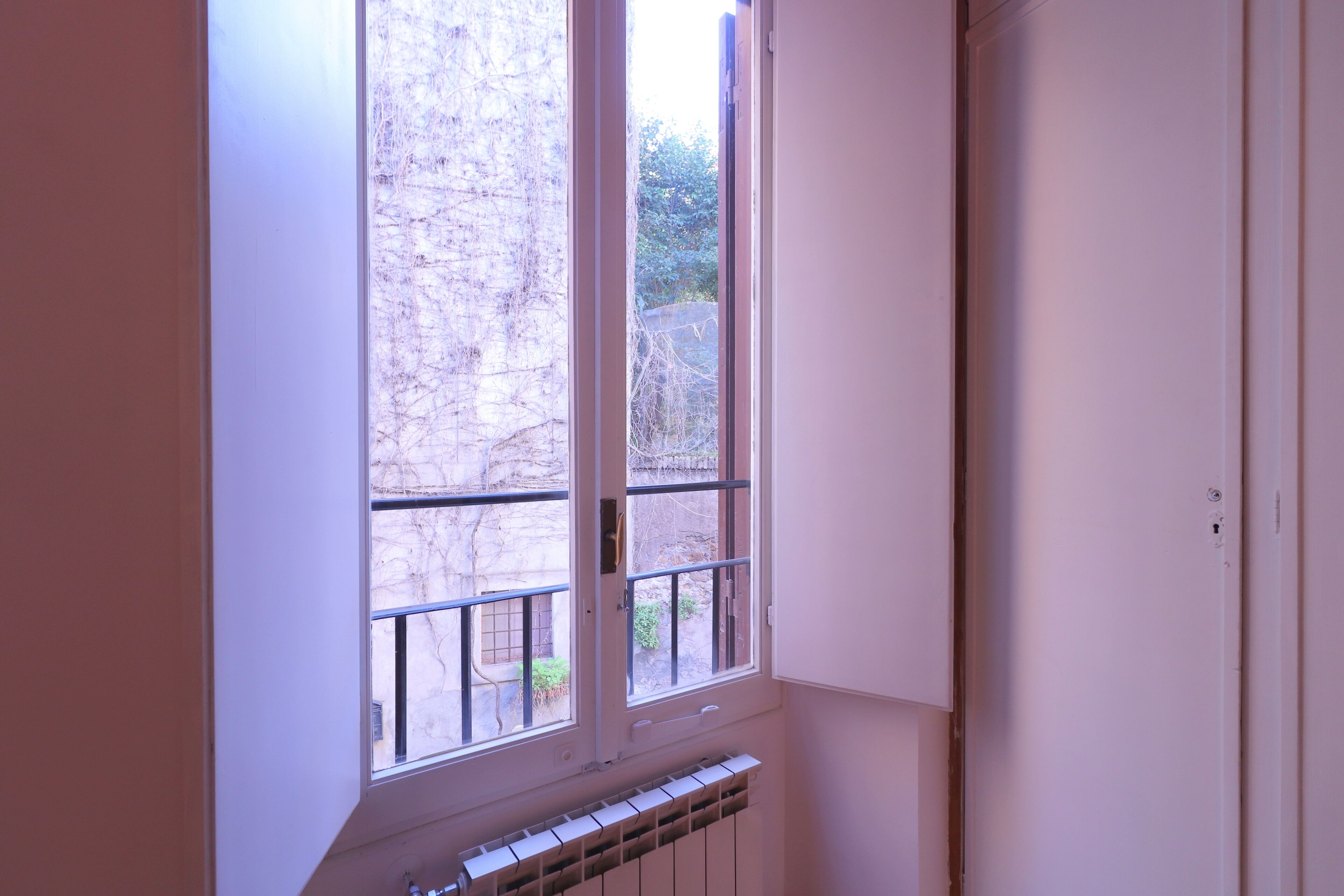 A room with a window, a radiator, and a door.