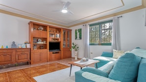 Una sala de estar con sofá, televisión, aparador de madera y una ventana con cortinas.