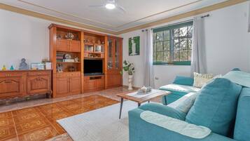 Una televisión, una chimenea, una mesa de tenis de mesa