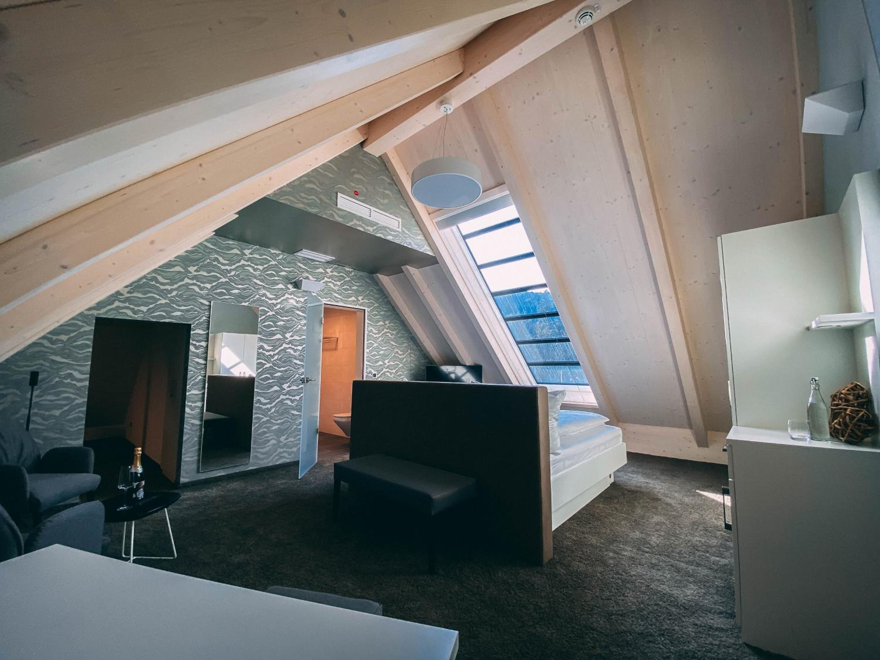 A modern loft bedroom with a sloped ceiling, built-in wardrobe, and a skylight.