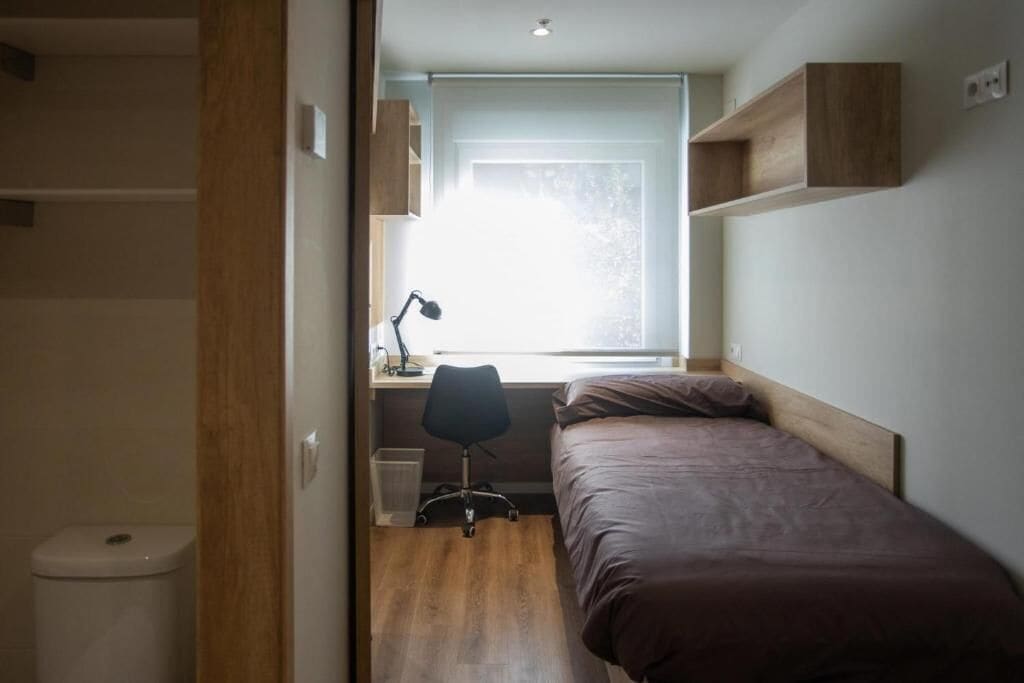 down duvets, desk, laptop workspace, blackout curtains