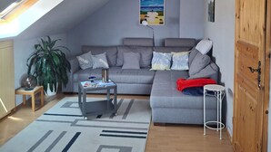 Ein modernes Wohnzimmer mit schrägem Dach, einem grauen Sofa, einem Couchtisch, einer Topfpflanze und einer Holztür.