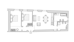 A floor plan of a hotel with a dining area, kitchen, and a bathroom. - Ponte Vecchio White by Mmega (Florence)