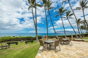 An outdoor patio with a table and chairs, surrounded by palm trees and a view of the ocean.