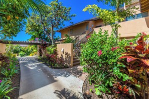 A pathway leading to a building with a staircase, surrounded by lush greenery and flowering plants.