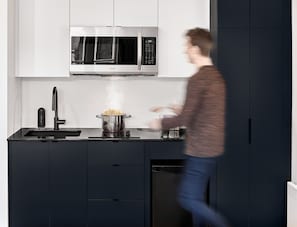 Fridge, microwave, coffee/tea maker, toaster