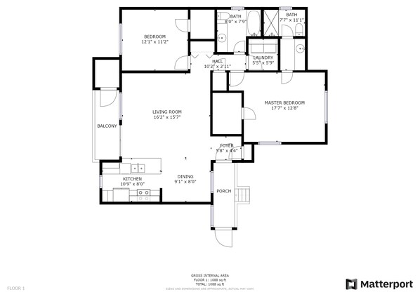 Un plan d’étage d’une maison comprenant une chambre principale, un salon, une cuisine, un coin repas, un hall d’entrée, une salle de bain et un balcon.