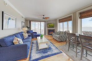 Smart TV, fireplace, books