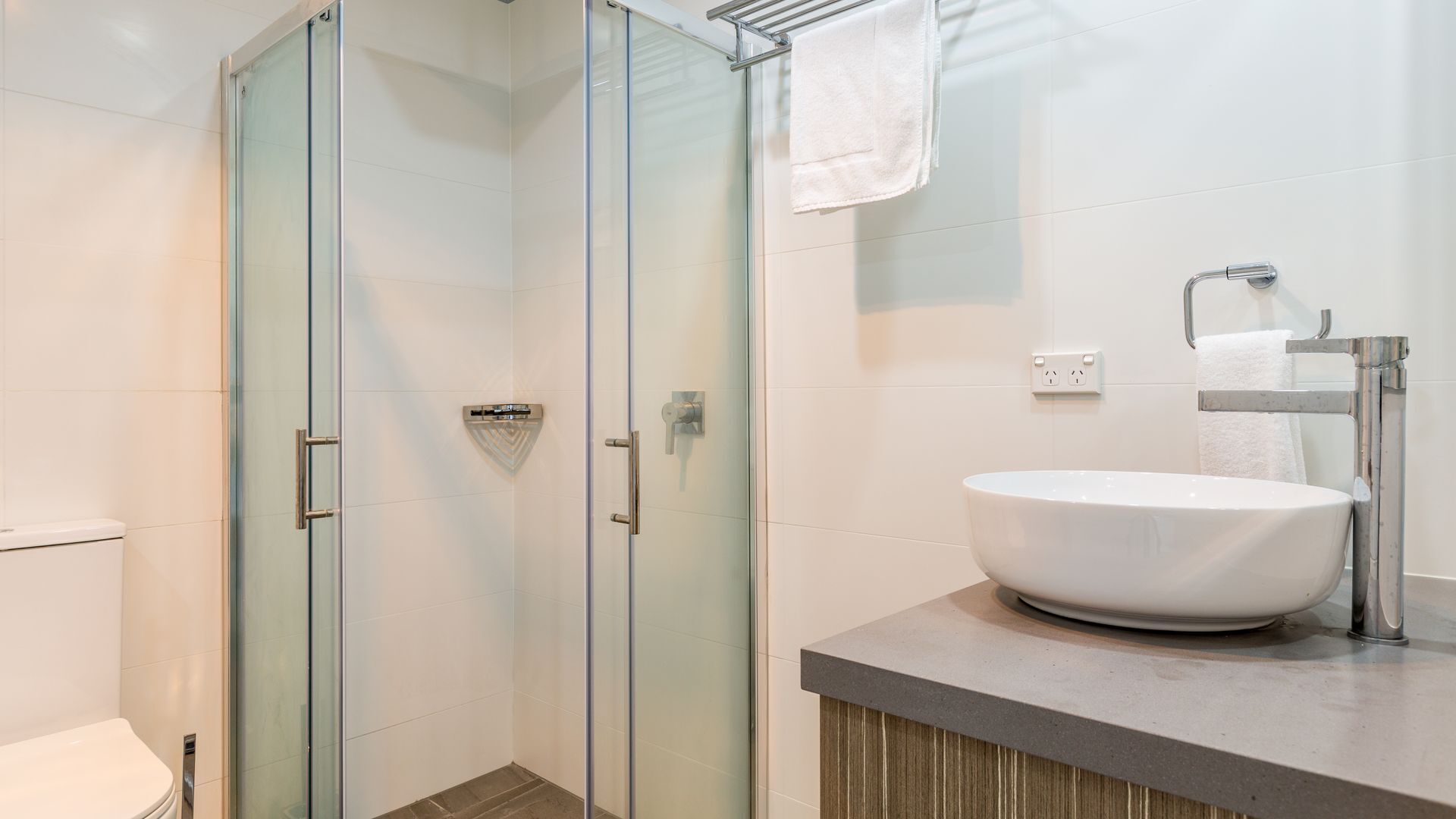 Shower, hair dryer, towels